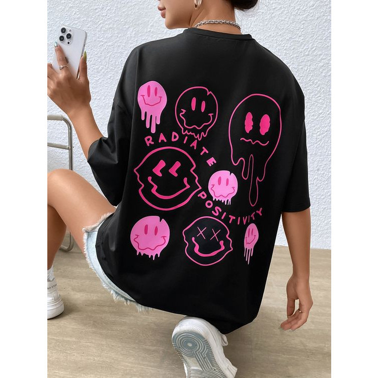 [Camiseta Premium em Algodão Puro]LILI Camiseta Oversized Streetwear Feminina Emoji Academia Algodão roupa feminina