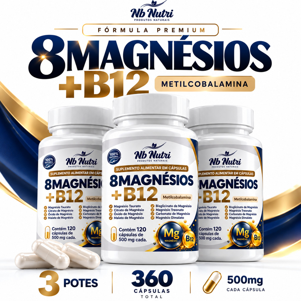 8 Magnésios + Vitamina B12 Metilcobalamina 500mg 120 Cápsulas – Fórmula Avançada