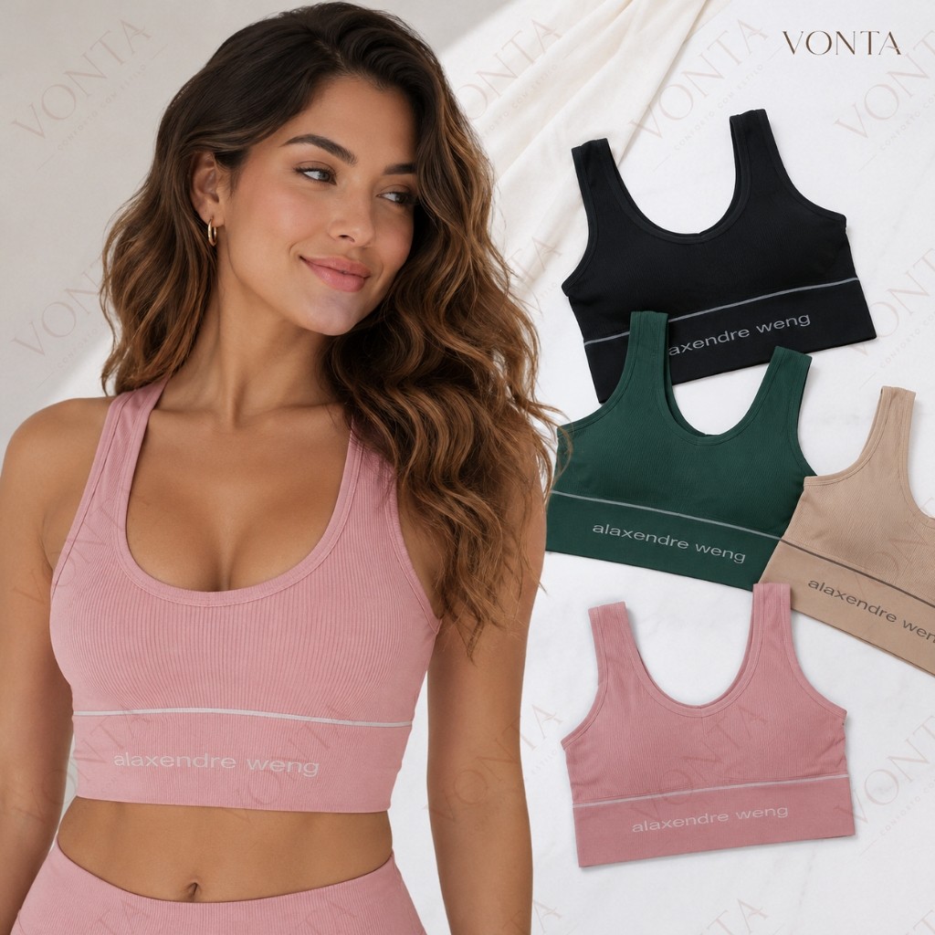 Top Feminino Canelado Com Bojo Cropped Fitness Confortável Alça Larga Sem Aro Para Academia Dia a Dia