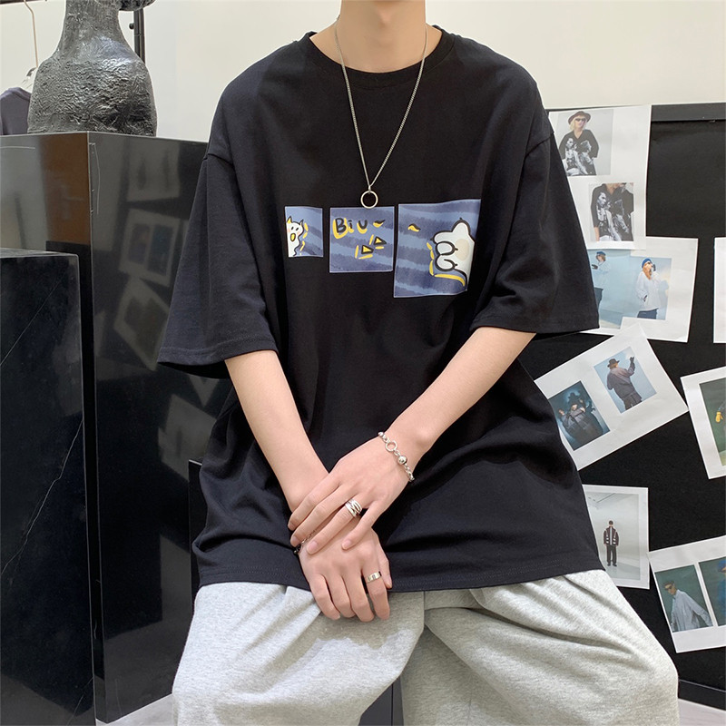 Verão de manga curta camiseta masculina versão coreana na moda solta Street Wear camiseta estilo Hong Kong All-Match Cas