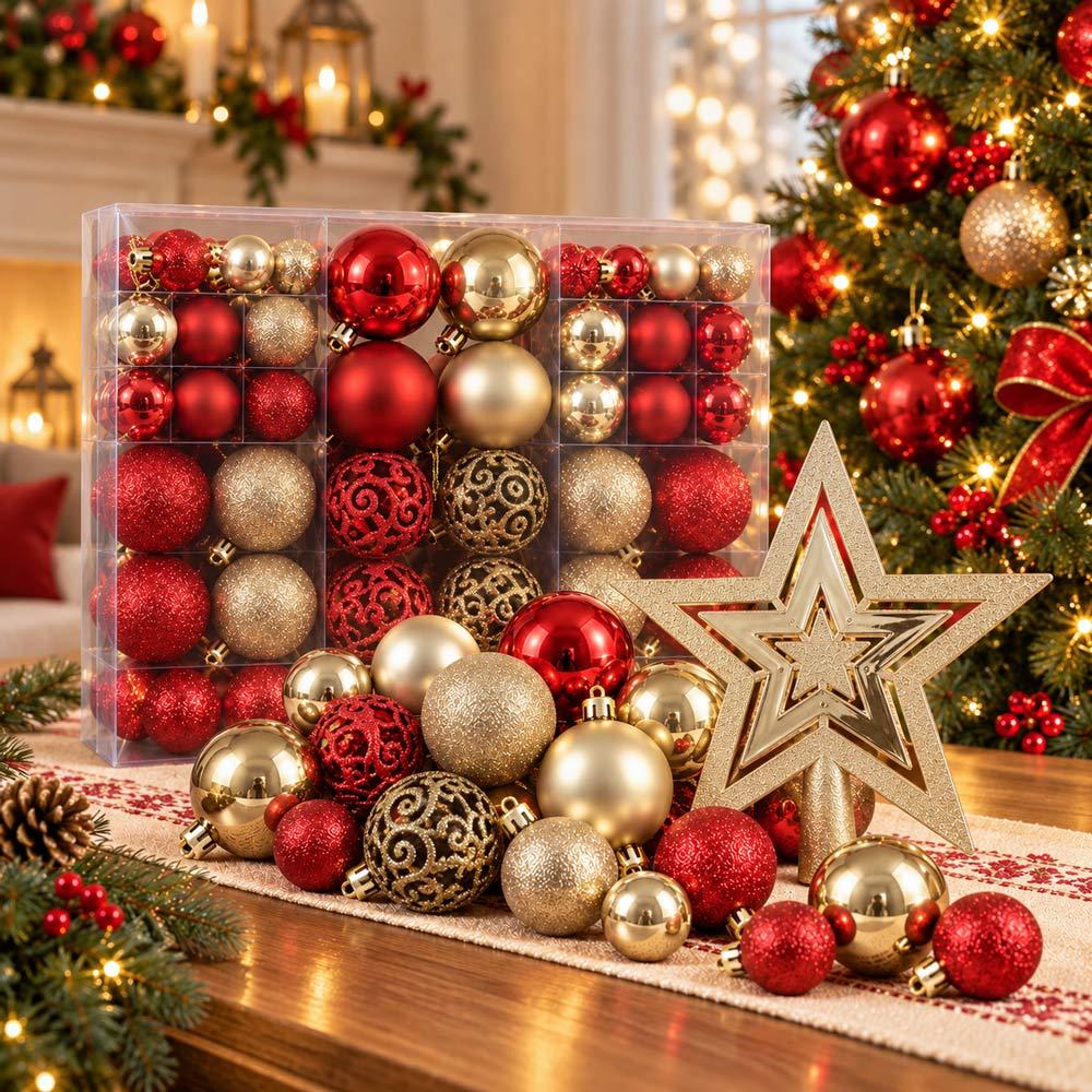 Kit Bolas de Natal Decoração Árvore com Estrela 101 pçs