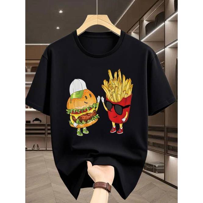 Camiseta Masculina Personagem Antropomórfico Hambúrguer Batatas Confortável Moderna Premium Divertida Moda Urbana Casual