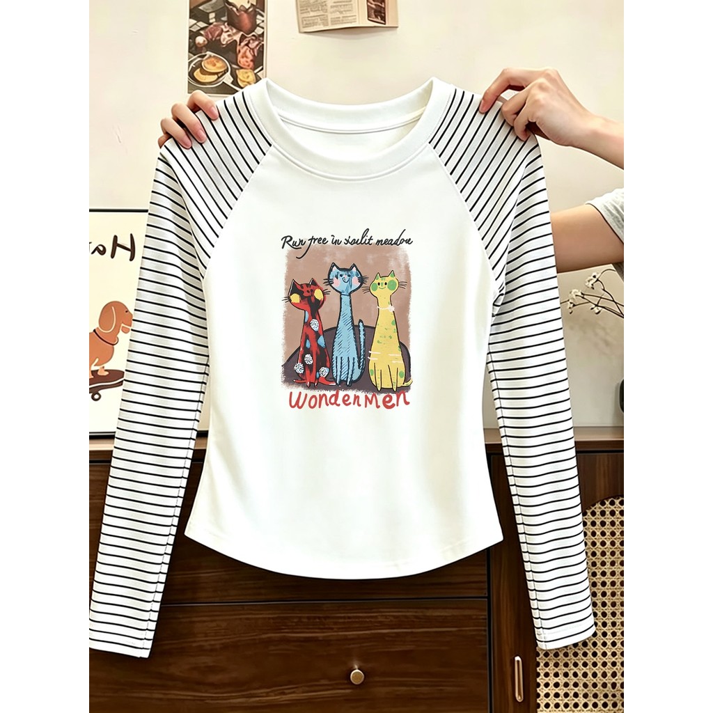 Meninas outono inverno versão coreana listrado costura manga comprida camiseta crianças em torno do pescoço dos desenhos