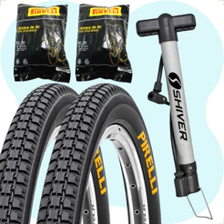 PAR PNEU 26 X 1.1 / 2X2 PRIMOR PIRELLI + PAR CAMARA BICICLETA BIKE + BOMBA DE AR MANUAL SHIVER