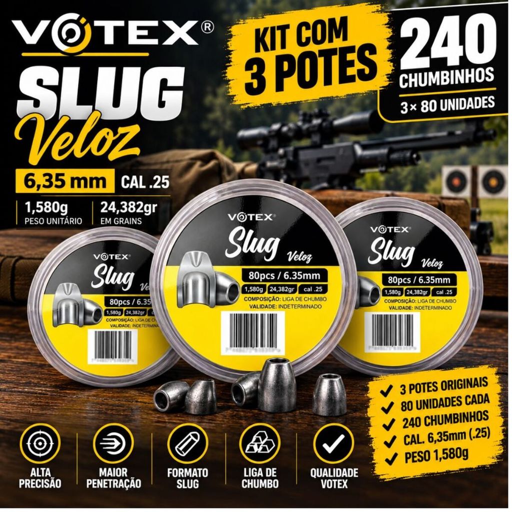 Kit 3 Potes Chumbinho VOTEX Slug Veloz 6,35mm 1,58g 240 Unidades