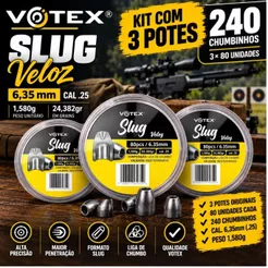 Kit 3 Potes Chumbinho VOTEX Slug Veloz 6,35mm 1,58g 240 Unidades