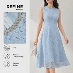 (Refine by Lovito) Vestido Floral De Renda Com Strass Longo E Evasê Azul Claro Para Mulheres Festa/Formal DRR43P1D064