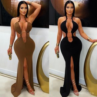 A7591 Vestido transfronteiriço europeu americano com gola Halter e fenda rabo de peixe vazada.