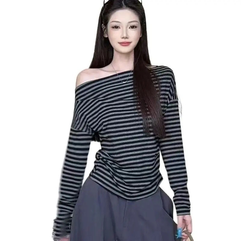 Pronto estoque primavera outono sensação solta Retro listrado manga comprida camiseta feminina estilo coreano preguiçoso