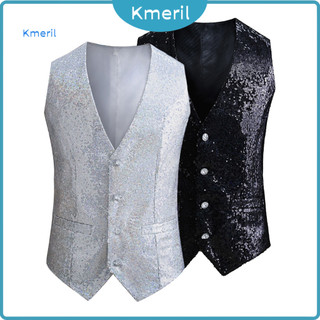 Single-breasted Waistcoat Sleeveless Vest Men's Shiny Sequin Slim Fit with Adjustable Back Buckle V Neck Cardigan for St