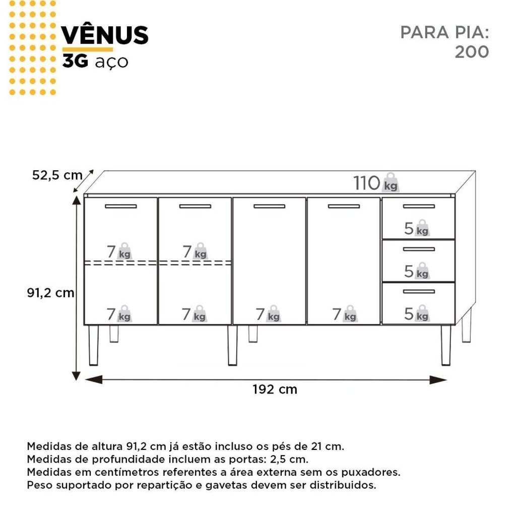 Balcão para Pia de Cozinha 200cm 4 Portas 3 Gavetas Vênus Yescasa Branco 192 · foto 2