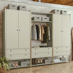 Guarda-Roupa Closet Modulado Casal 6 Gavetas 3 Cabideiros Estrutura Metalica 250cm Olivar Cinza/Off Off White