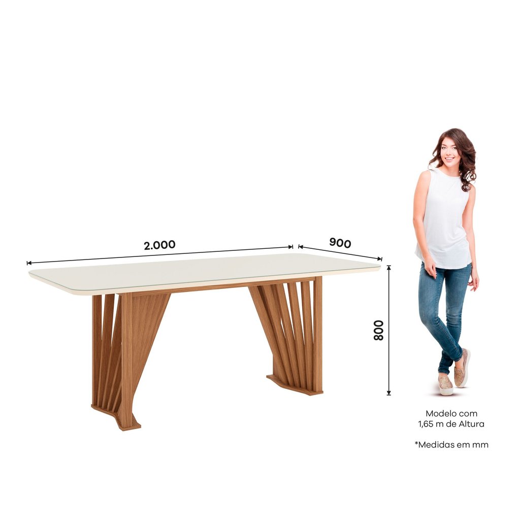 Mesa de Jantar 8 Lugares 200cm Tampo MDF com Vidro Canto Arredondado Adriana Bege/Off White/Nature 200 · foto 2
