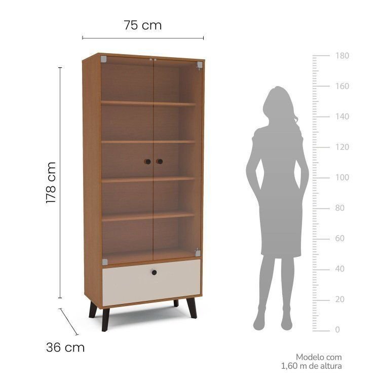 Cristaleira 2 Portas de Vidro 1 Gaveta 4 Prateleiras 75cm Creme Freijó Londres Marrom Creme/Freijó · foto 2