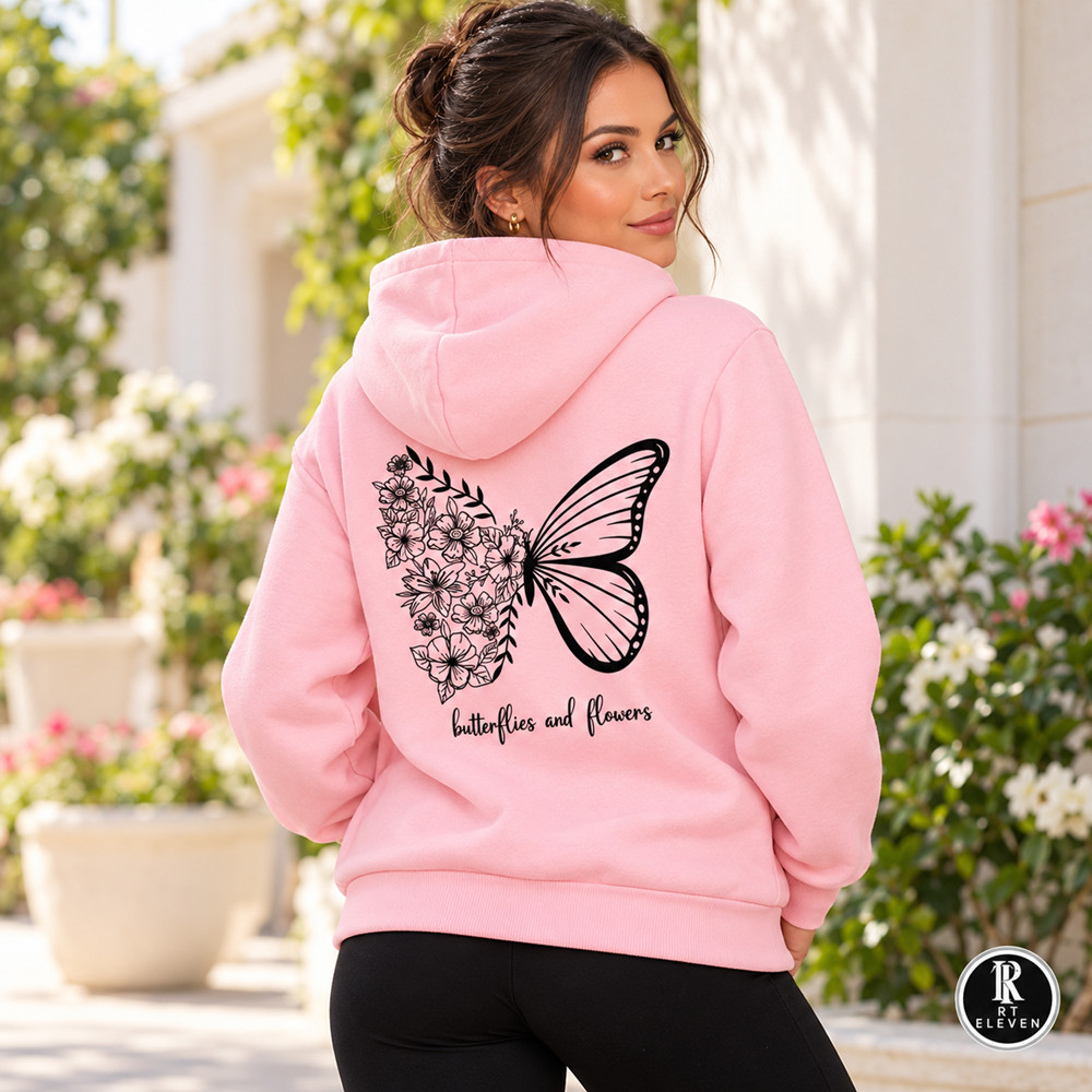Moletom Feminino Blusa de Frio Borboleta Estampa Costas Casaco com Bolso Canguru Cordão Capuz Linha Premium
