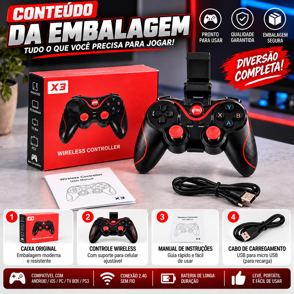 Controle Sem Fio X3 para Celular, PC, TV Box e PS3 com Suporte para Smartphone