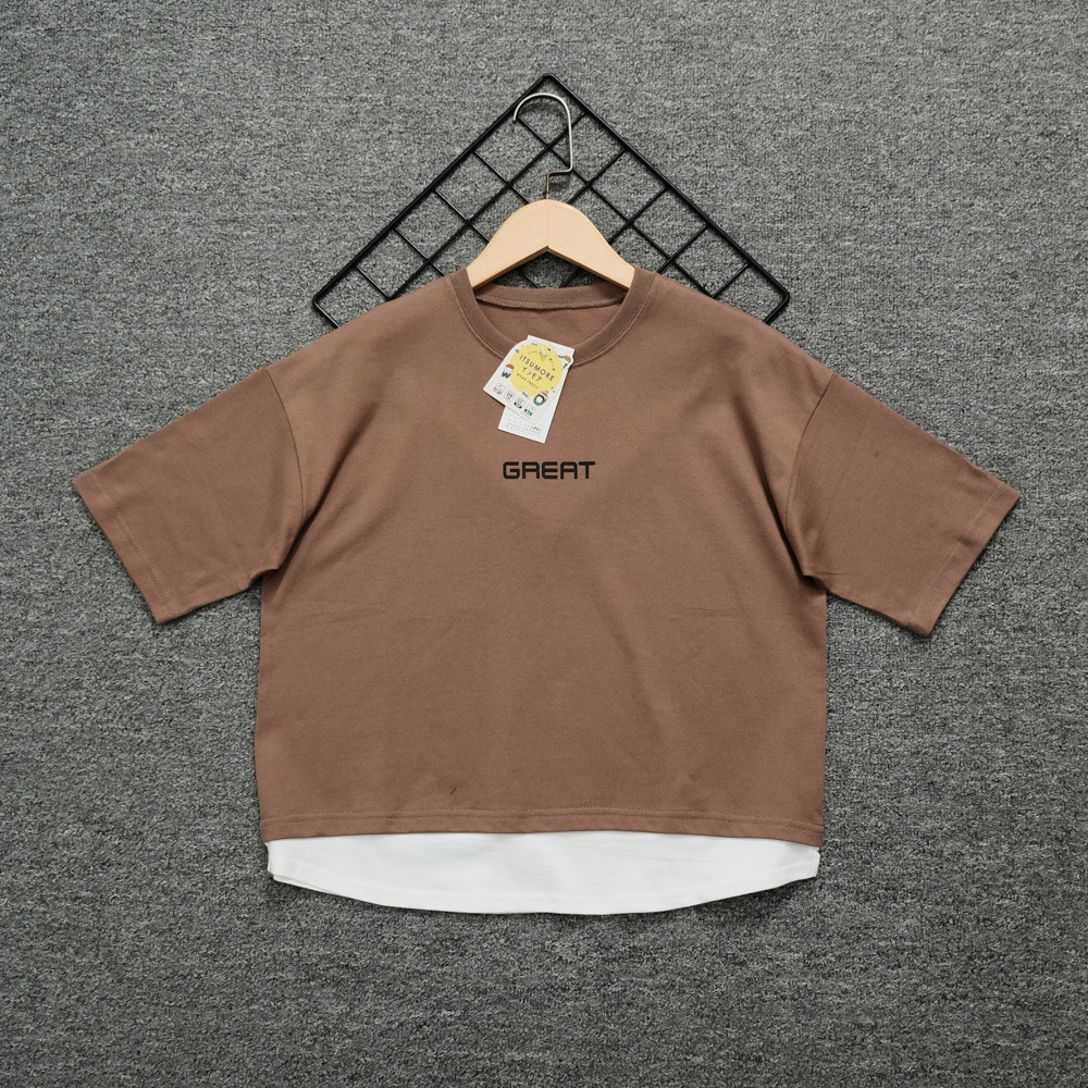 Comércio exterior pedido japonês 140-160 solto falso de duas peças crianças de manga curta versão larga camiseta de algo