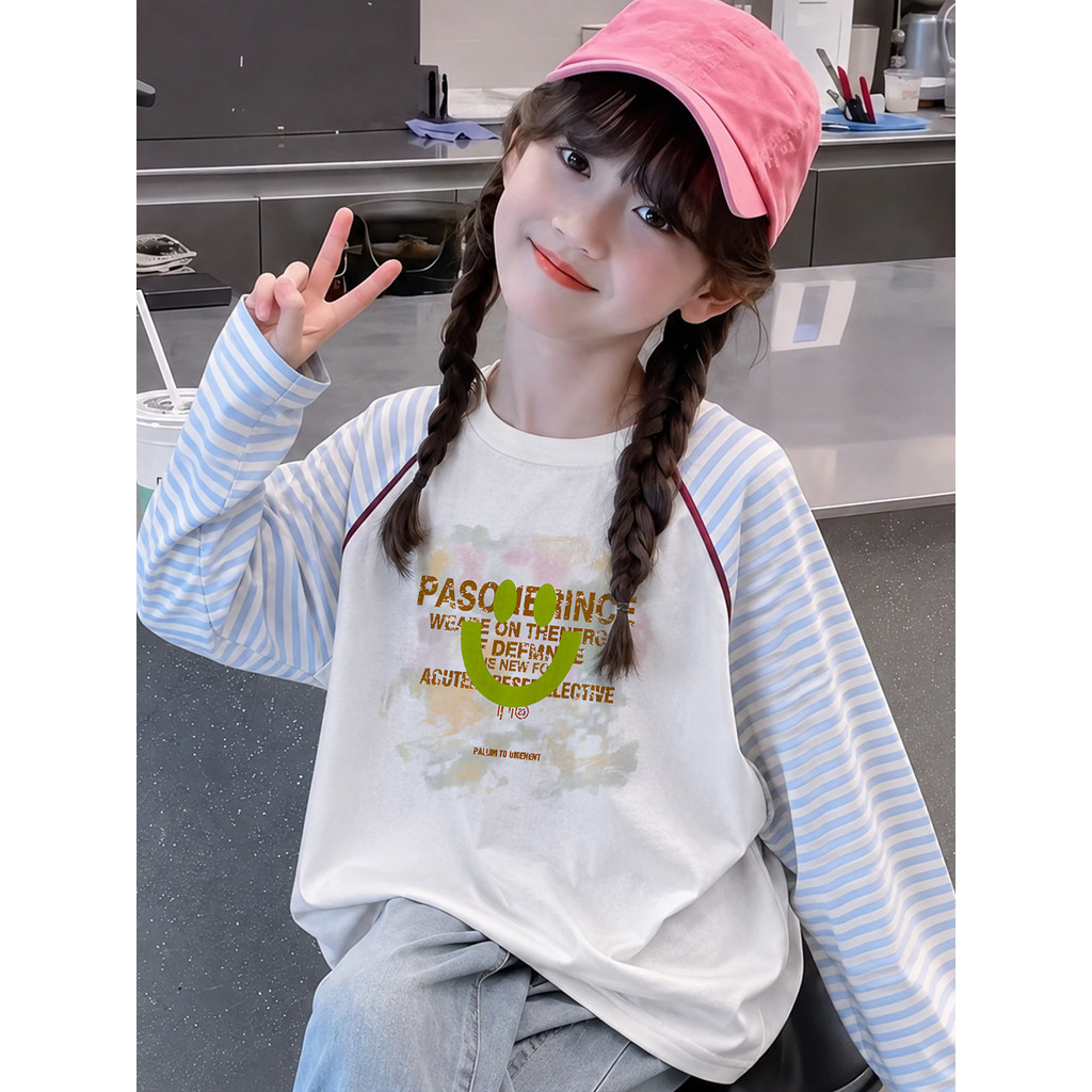 Crianças contraste cor listrado costura de manga comprida camiseta de fundo primavera novo estilo meninas solto Casual m
