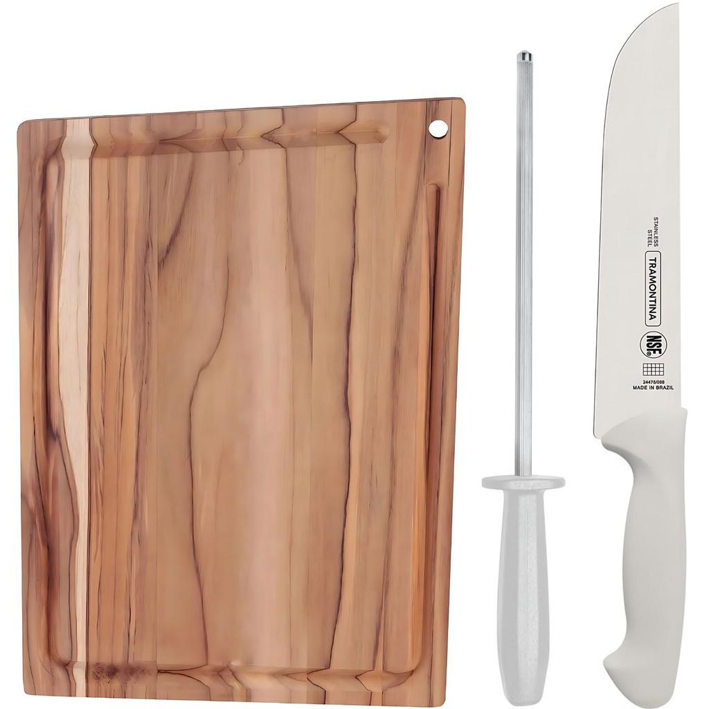 Utensílios Cozinha Churrasco Tábua Chaira Faca Tramontina Area gourmet cortar corte servir picanha alcatra casa quiosque