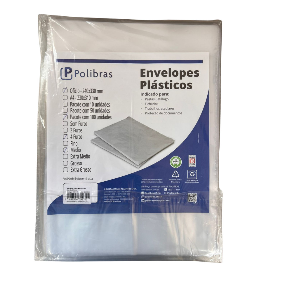 Envelope Plástico Ofício 4 Furos Fino Pacote 100 Un Polibras 0x240x330mm Para Documentos em Oferta na Shopee