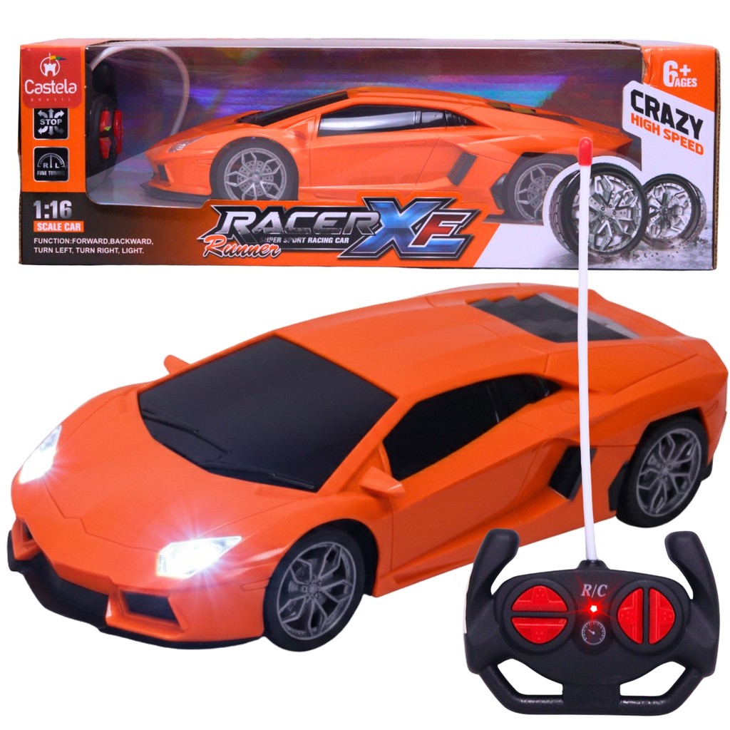 Carrinho de Controle Remoto Esportivo Laranja C/ Luz 1:16 - Castela em Oferta na Shopee