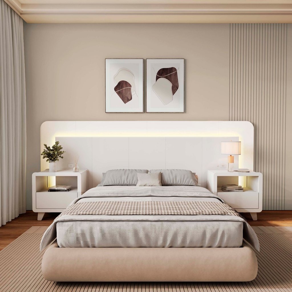 Cabeceira Casal Queen com 2 Mesas de Cabeceira Led 3000k e Tomadas 100% Mdf Mabel Branco em Oferta na Shopee