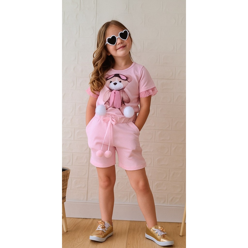 Conjunto Short de Menina Feminino Infantil Ursinho de Verão Shorts e Blusa Com PomPom em Oferta na Shopee