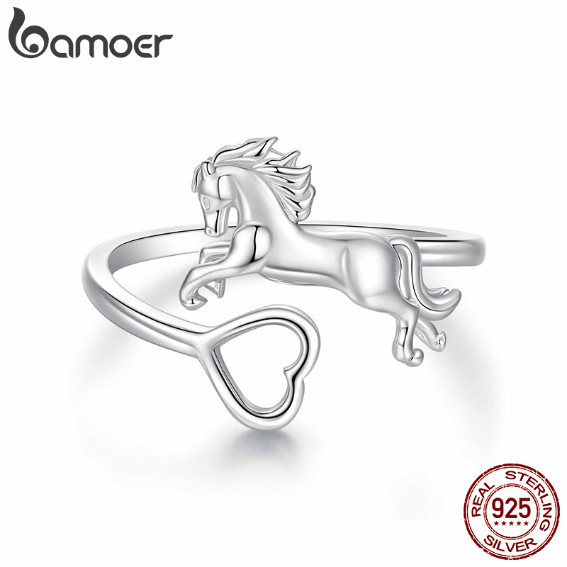 Bamoer Original 925 Prata Esterlina Anel Ajustável Formato De Coração Cavalo Design Joias Presente Feminino