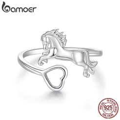 Bamoer Original 925 Prata Esterlina Anel Ajustável Formato De Coração Cavalo Design Joias Presente Feminino