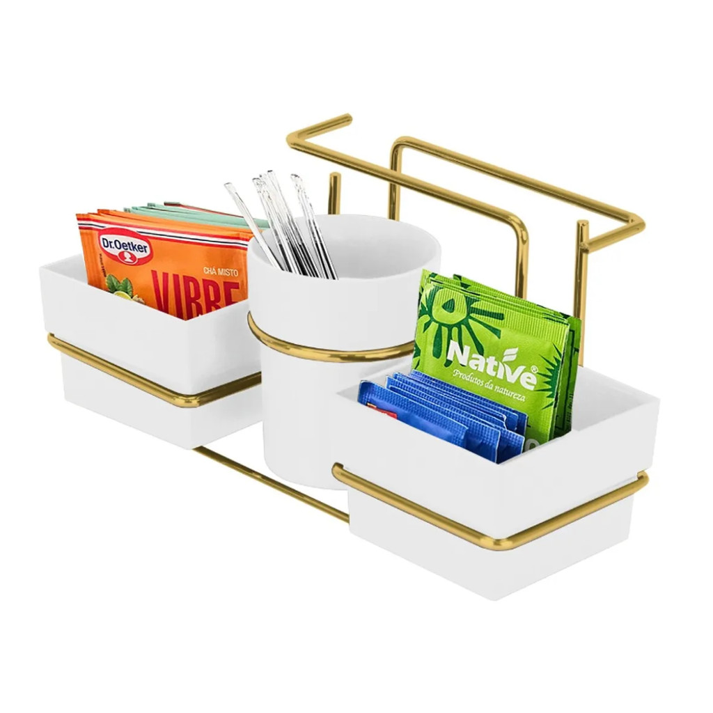 Organizador suporte para Sachês  chá açucar Mexedor e Guardanapos Dourado branco Future 1224BCD em Oferta na Shopee