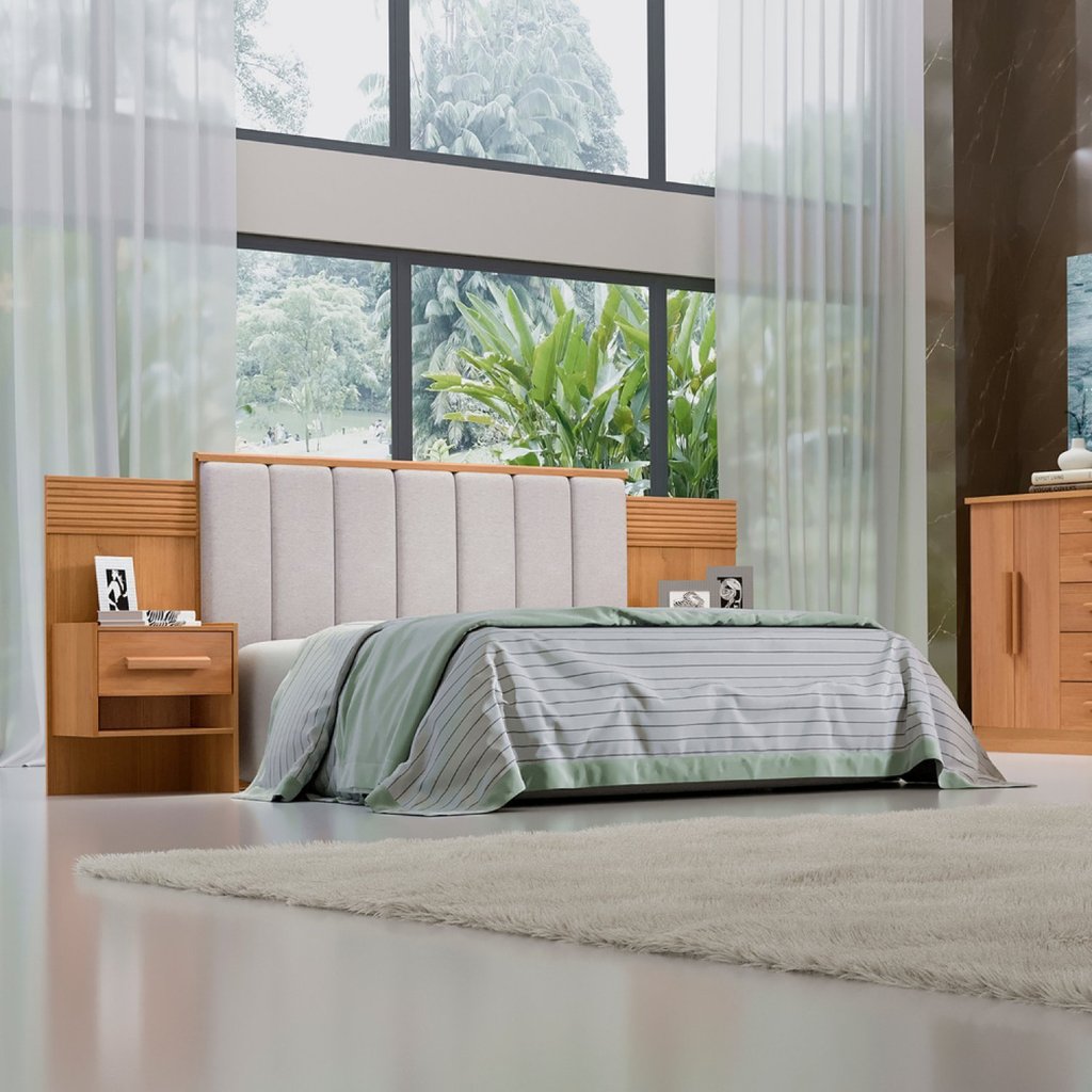 Cabeceira Casal Queen 160 Cm Ripada 100% Mdf Estofada Isis com 02 Mesas de Cabeceira Espresso Móveis Cinamomo/Areia em Oferta na Shopee