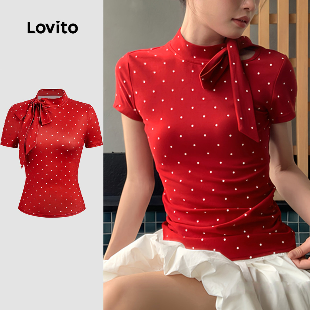 Lovito Camiseta Casual Para Festa Clássica E Versátil Com Cadarço Vermelha Primavera/verão para Mulheres L156AD029 em Oferta na Shopee