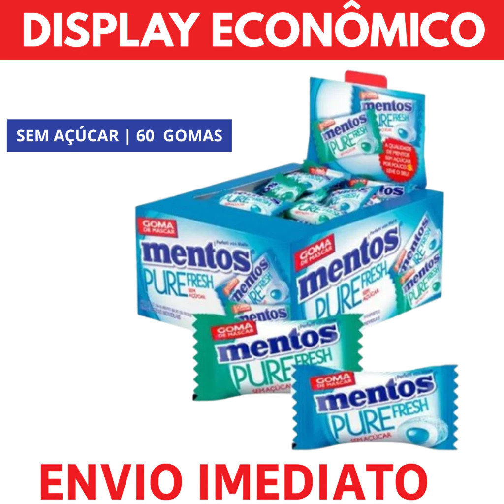 Chiclete Mentos Pure Fresh Display 60 Gomas Sem Açúcar | Envio Imediato em Oferta na Shopee
