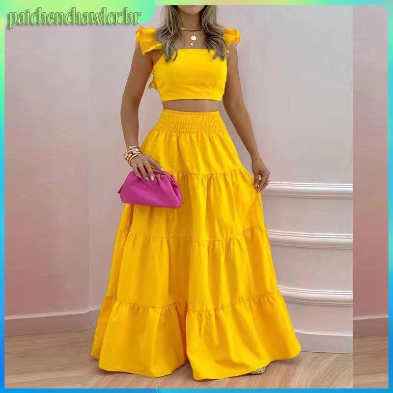 Conjunto feminino Sem Mangas Ruffled Cropped Boho Floral Estampa Color lisa Elastic Cintura Saia Longa Moda Duas Peças
