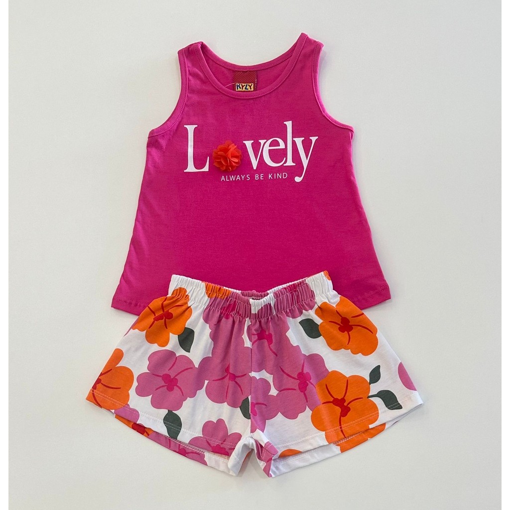 Conjunto Infantil Kyly Feminino Blusa Rosa Lovely com Short Floral Estampado Colorido Menina Verão