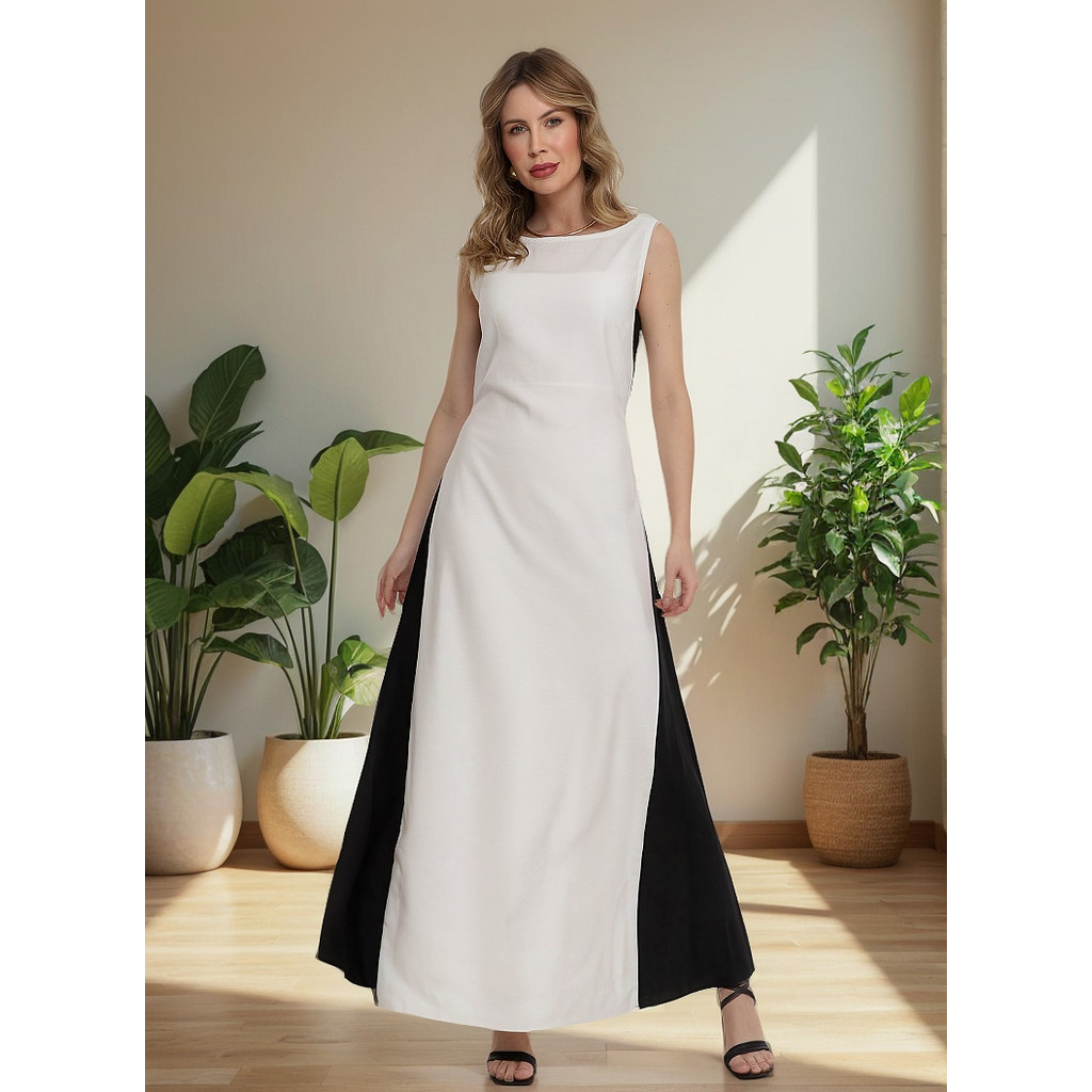 Vestido Longo Com Nesga Lateral Black White em Oferta na Shopee