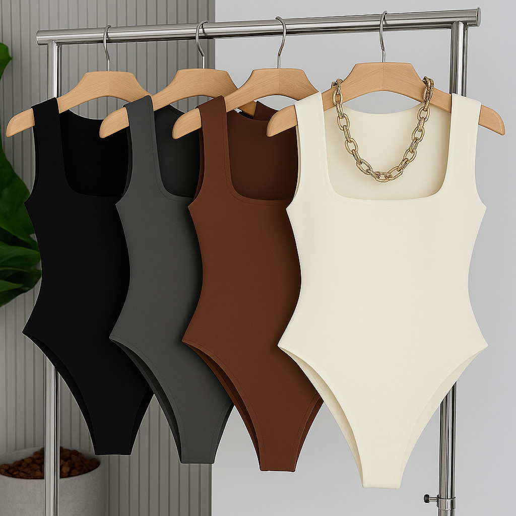 Body Collant Feminino Regata Blusa Com Forro Decote Quadrado Estilo Blogueira