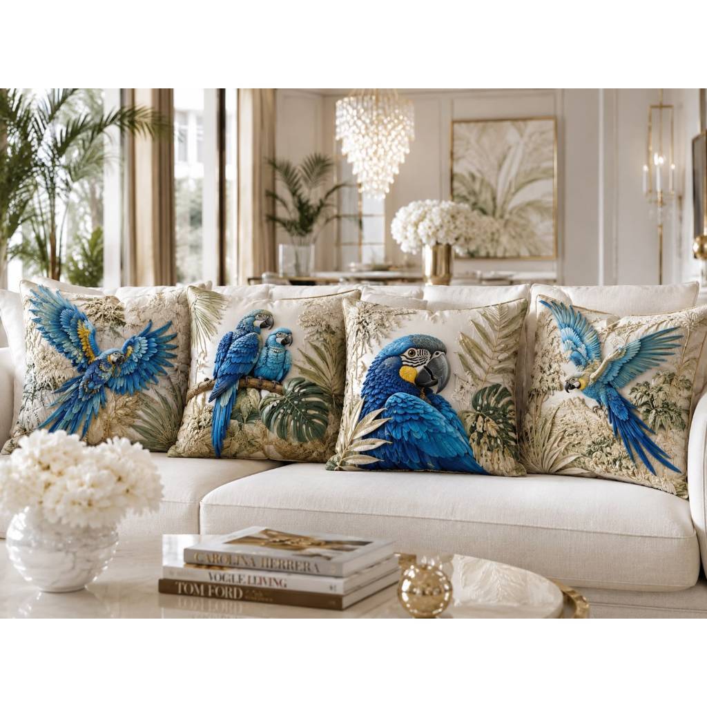 Kit 4 Capas de Almofadas Ararinhas Azul 45x45 - Estampada Decoração Sala
