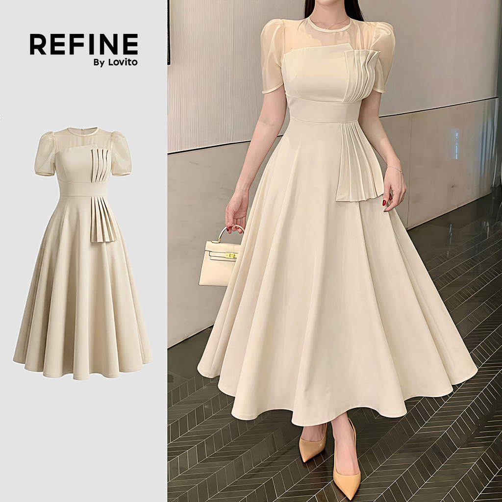 (Refine by Lovito) Plissado Vestido Elegante de Verão com Costura de Tecido e Pr