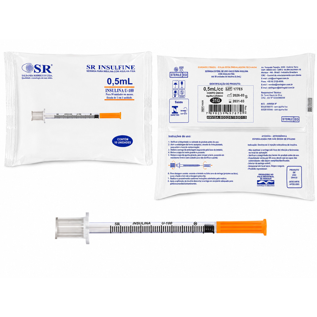 Seringa de Insulina SR 0,5ml 6x25 Estéril Descartável Pacote com 10 Unidades