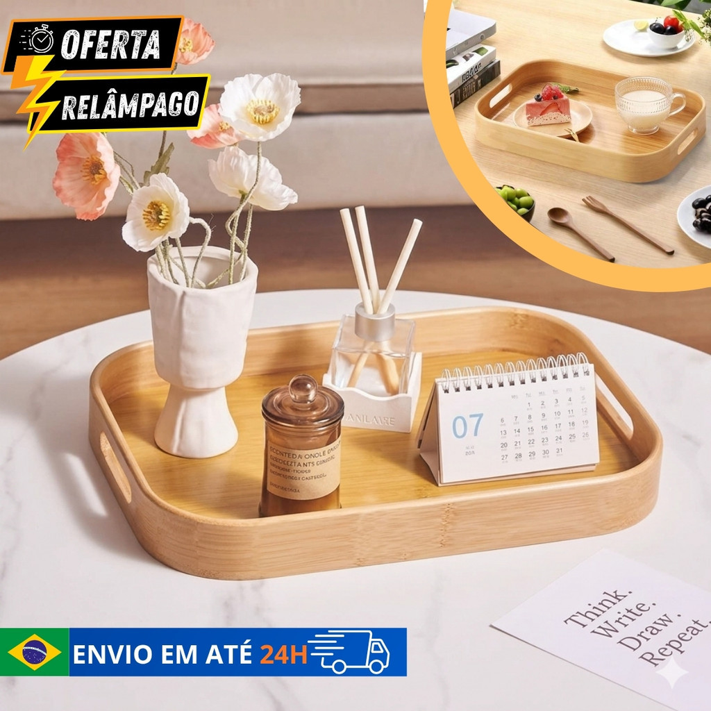Bandeja Bambu Retangular com Alça Decorativa Mesa Café da Manhã Chá Organizador Multiuso Petisqueira