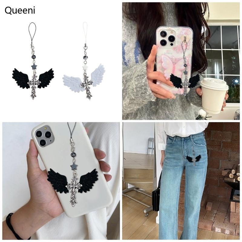 Queeni Exclusivo Estilo Gótico Estrela Com Asa De Anjo Porta-Chaves Versátil Corrente De Telefone Pingente Chaveiro Para