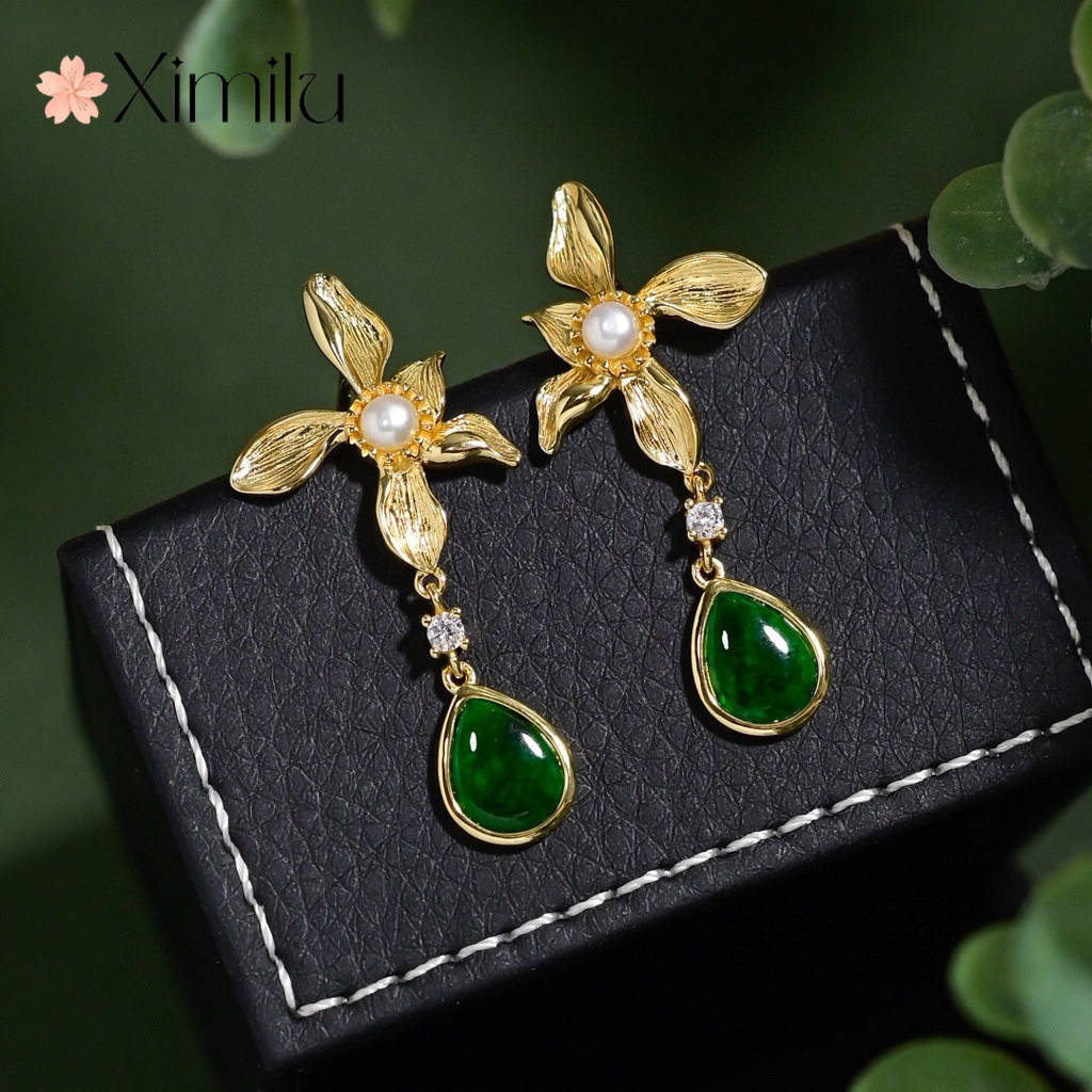 ♥ Design Original palácio antigo flor branco Jade brincos feminino pérola brincos Retro moda jóias