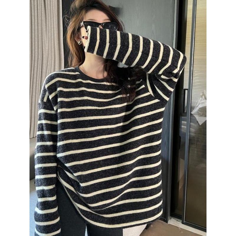 Leite sal Olio veludo grosso escovado preguiçoso solto mais magro olhar listrado de manga comprida camiseta feminina out