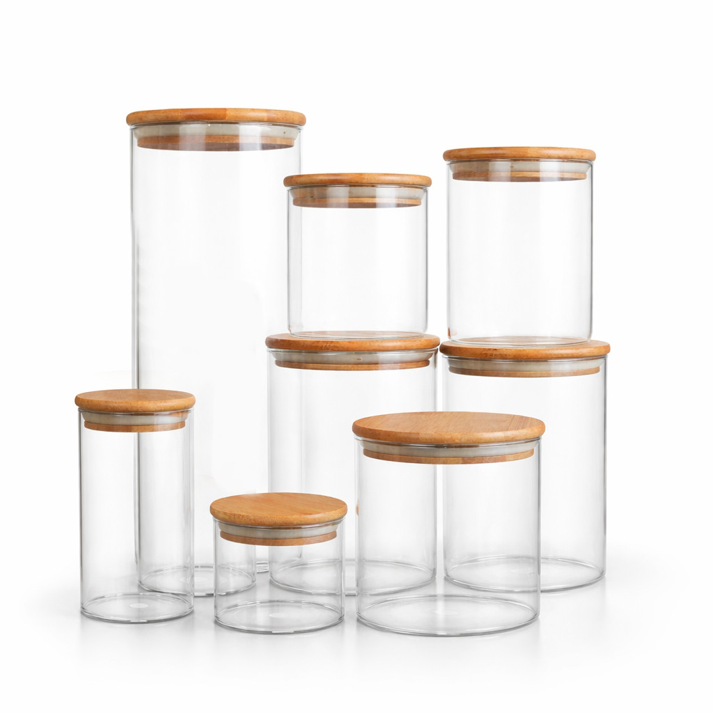 Kits 8 Potes de Vidro com Tampa de Bambu Hermético Redondo Organizadores Cozinha