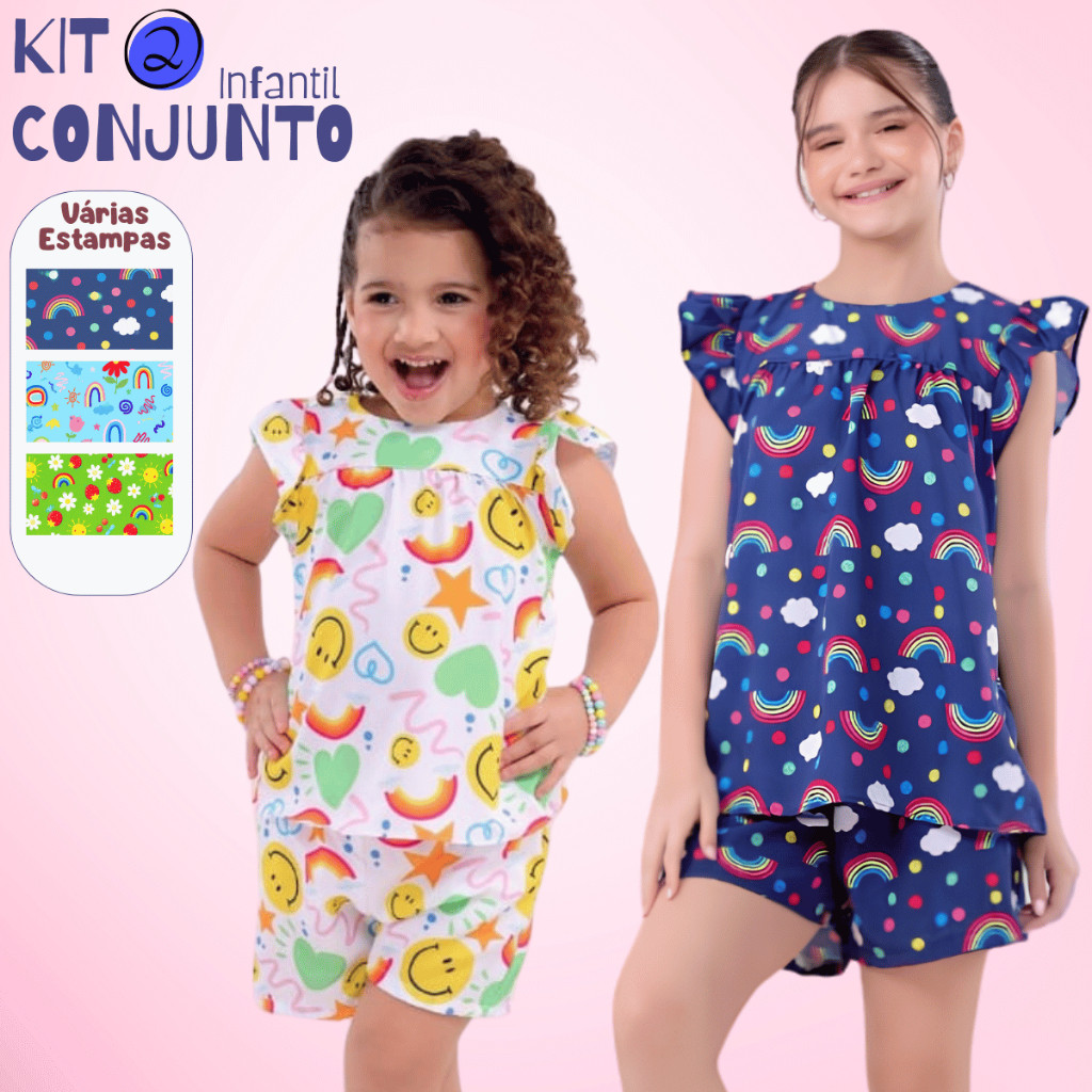 Kit 2 Conjuntos Infantil Feminino Menina Blusa E Short Verão Estampado Crepe Santorine 1 A 14 Anos