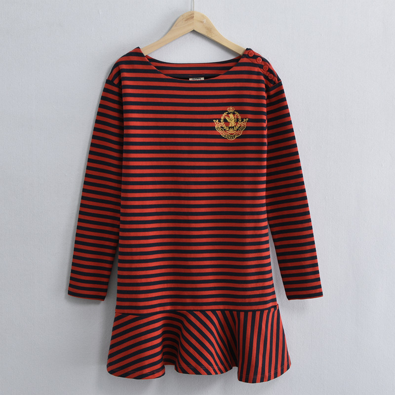 Vestido listrado de manga comprida primavera outono comprimento médio Retro clássico reto solto Casual All-Match Slimm