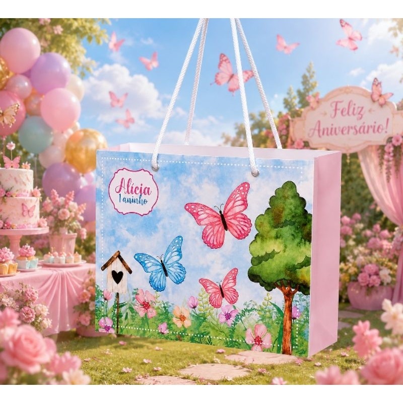 Sacolinha Personalizada Jardim das Borboletas | Lembrancinha Festa Espaço | Sacola Papel com Nome e Idade | Pegue Monte