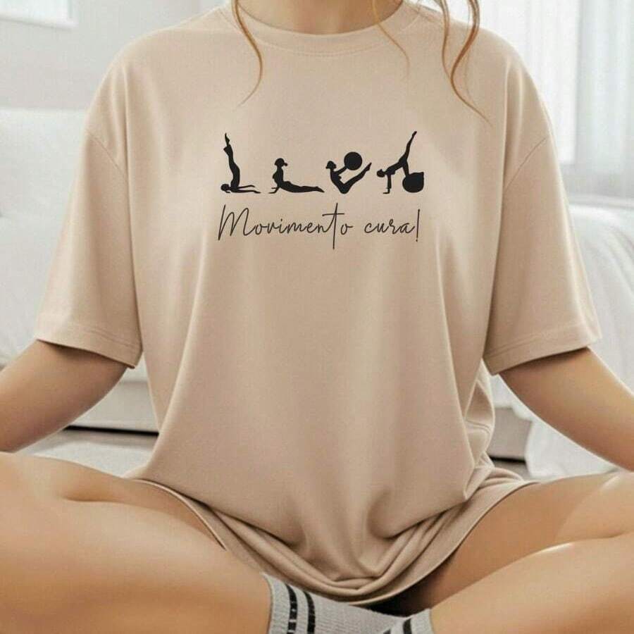 Camiseta Estampada Feminina Movimento Cura Pilates Gym Power 100% Algodão T-shirt Confortável e Estilosa