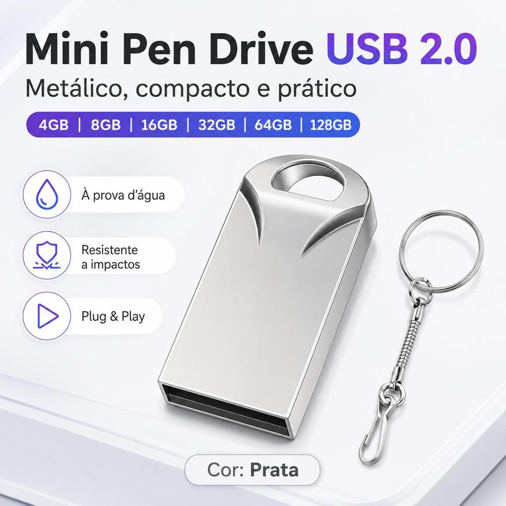 Mini Pen Drive USB 2.0 Metálico 4gb 8gb 16gb 32gb 64gb 128gb Portátil com Chaveiro Prata